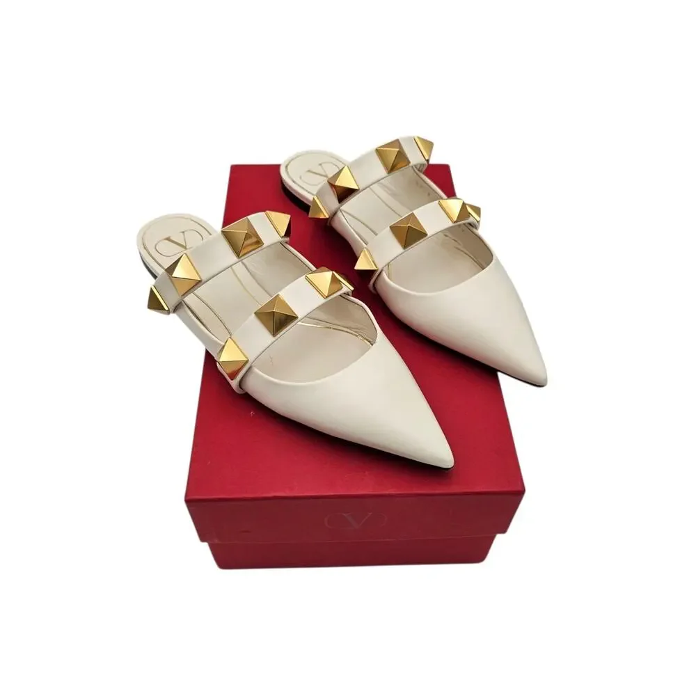 Valentino Garavani Roman Stud Flat Cage Mule Slide White Leather Gold Size 39 9